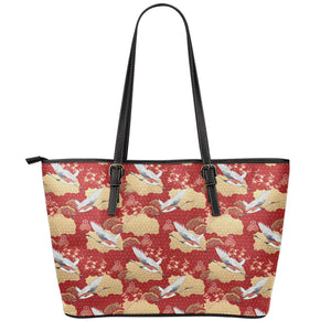 Crane Bird Kimono Pattern Print Leather Tote Bag