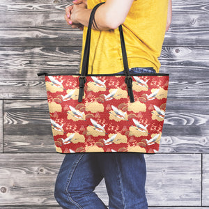 Crane Bird Kimono Pattern Print Leather Tote Bag