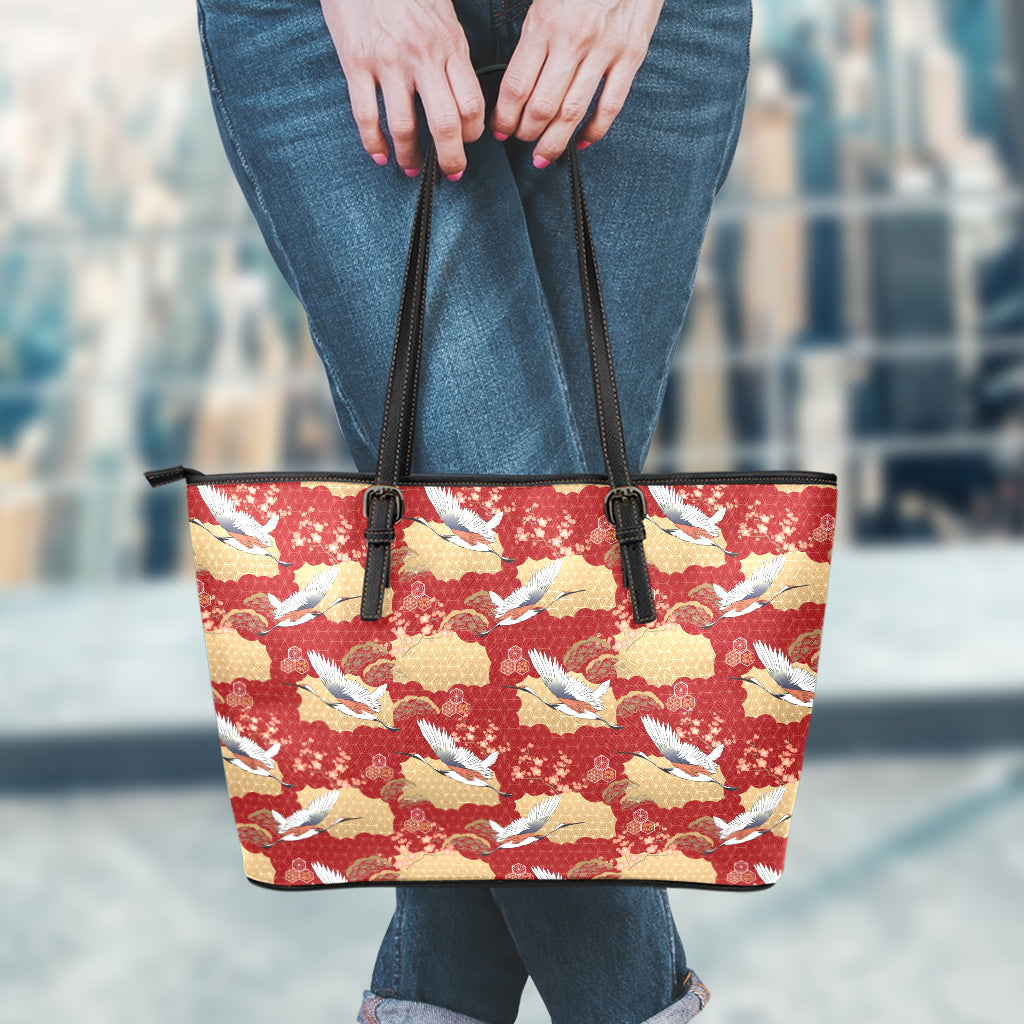 Crane Bird Kimono Pattern Print Leather Tote Bag