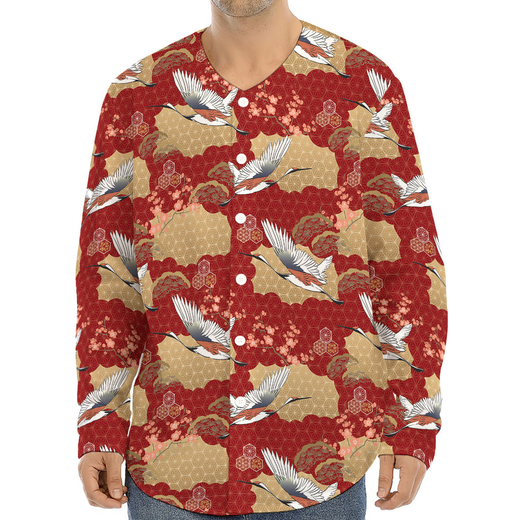 Crane Bird Kimono Pattern Print Long Sleeve Baseball Jersey