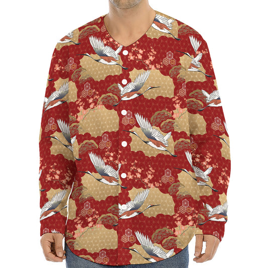 Crane Bird Kimono Pattern Print Long Sleeve Baseball Jersey