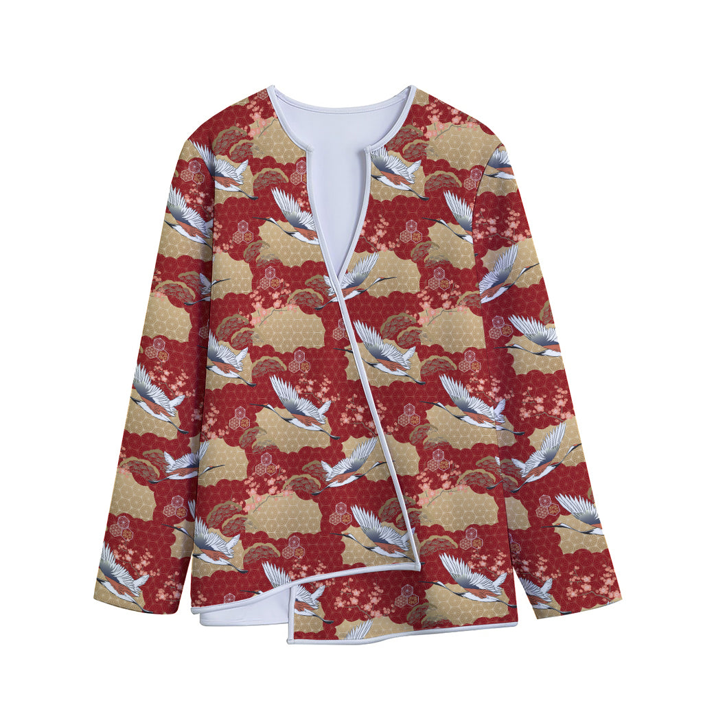 Crane Bird Kimono Pattern Print Long Sleeve Short Coat