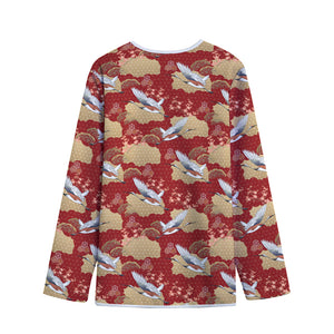 Crane Bird Kimono Pattern Print Long Sleeve Short Coat