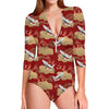 Crane Bird Kimono Pattern Print Long Sleeve Swimsuit