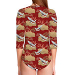 Crane Bird Kimono Pattern Print Long Sleeve Swimsuit