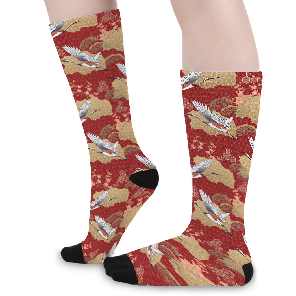 Crane Bird Kimono Pattern Print Long Socks