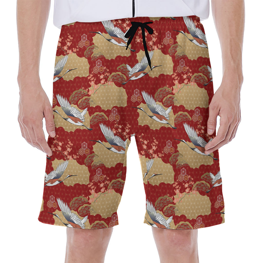 Crane Bird Kimono Pattern Print Men's Beach Shorts