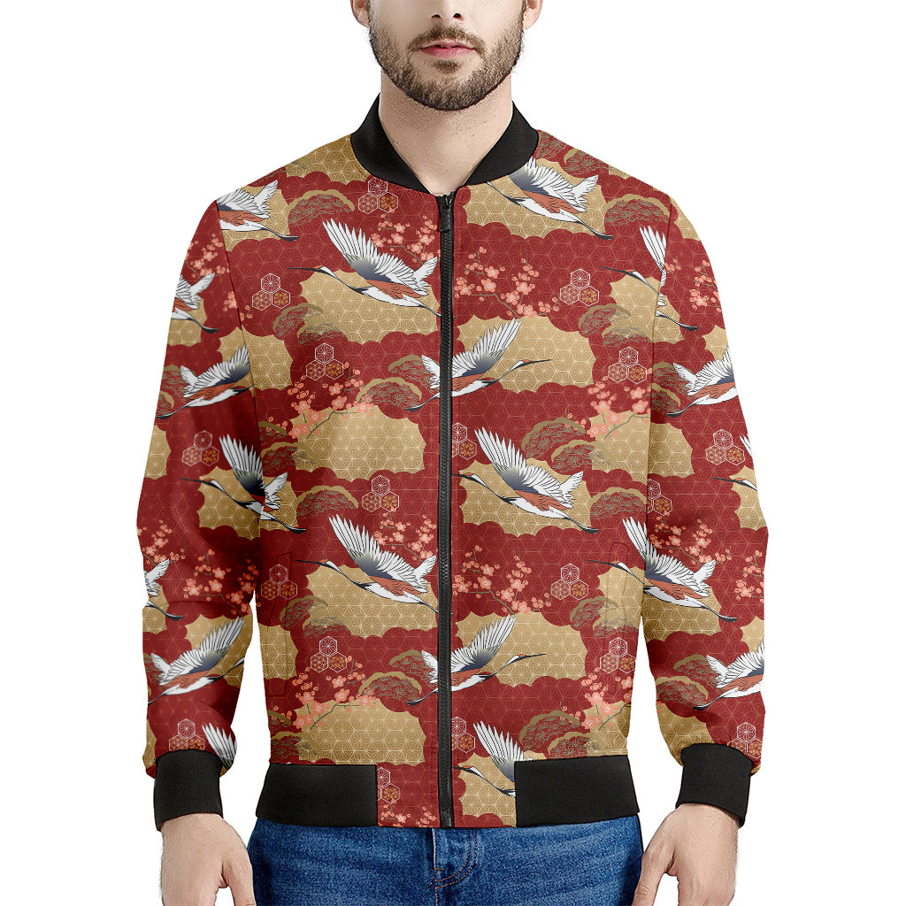 Crane Bird Kimono Pattern Print Men's Bomber Jacket