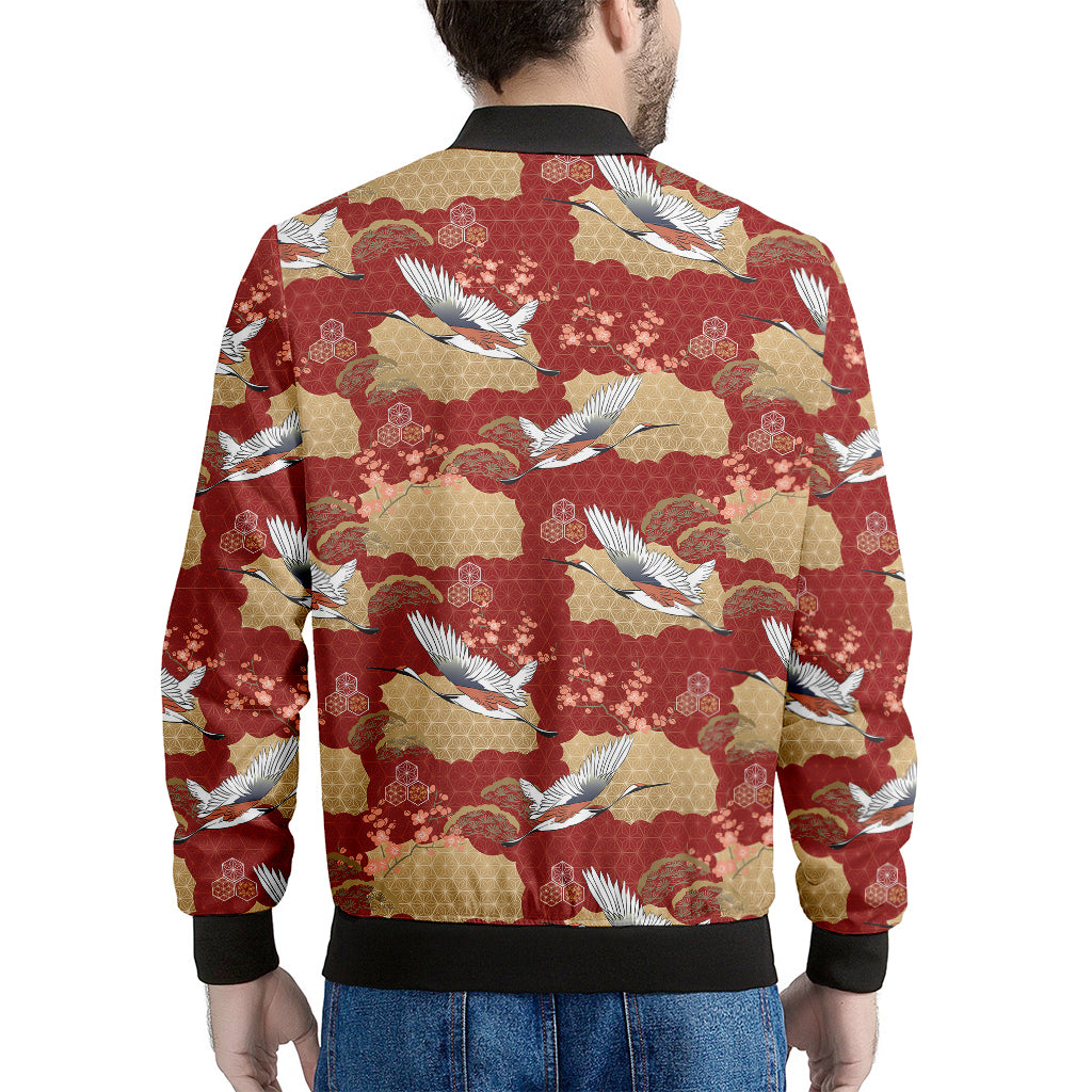 Crane Bird Kimono Pattern Print Men's Bomber Jacket