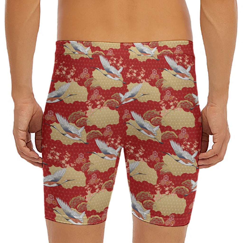 Crane Bird Kimono Pattern Print Men's Long Boxer Briefs