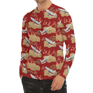 Crane Bird Kimono Pattern Print Men's Long Sleeve Rash Guard