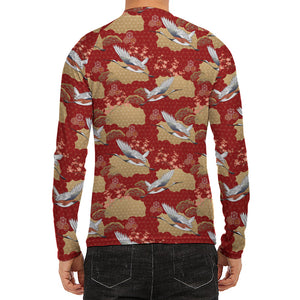 Crane Bird Kimono Pattern Print Men's Long Sleeve Rash Guard