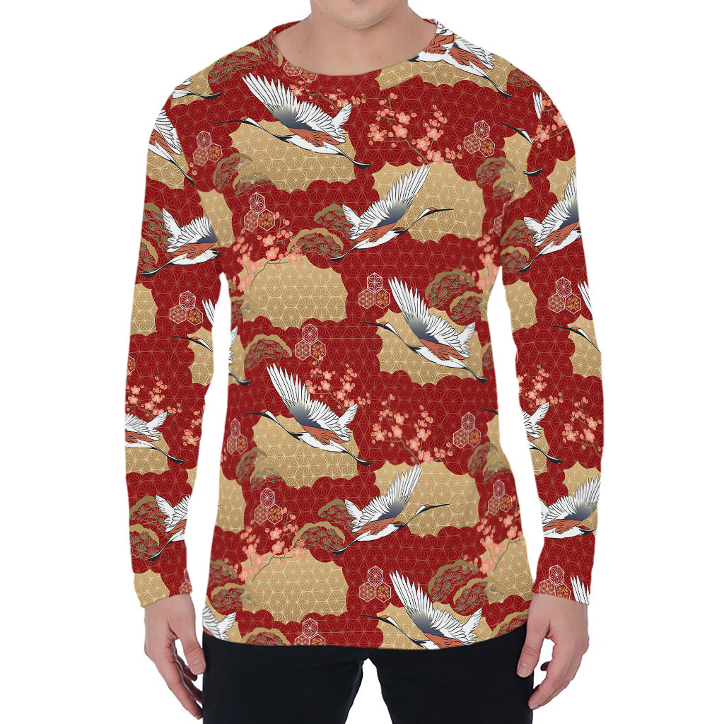 Crane Bird Kimono Pattern Print Men's Long Sleeve T-Shirt