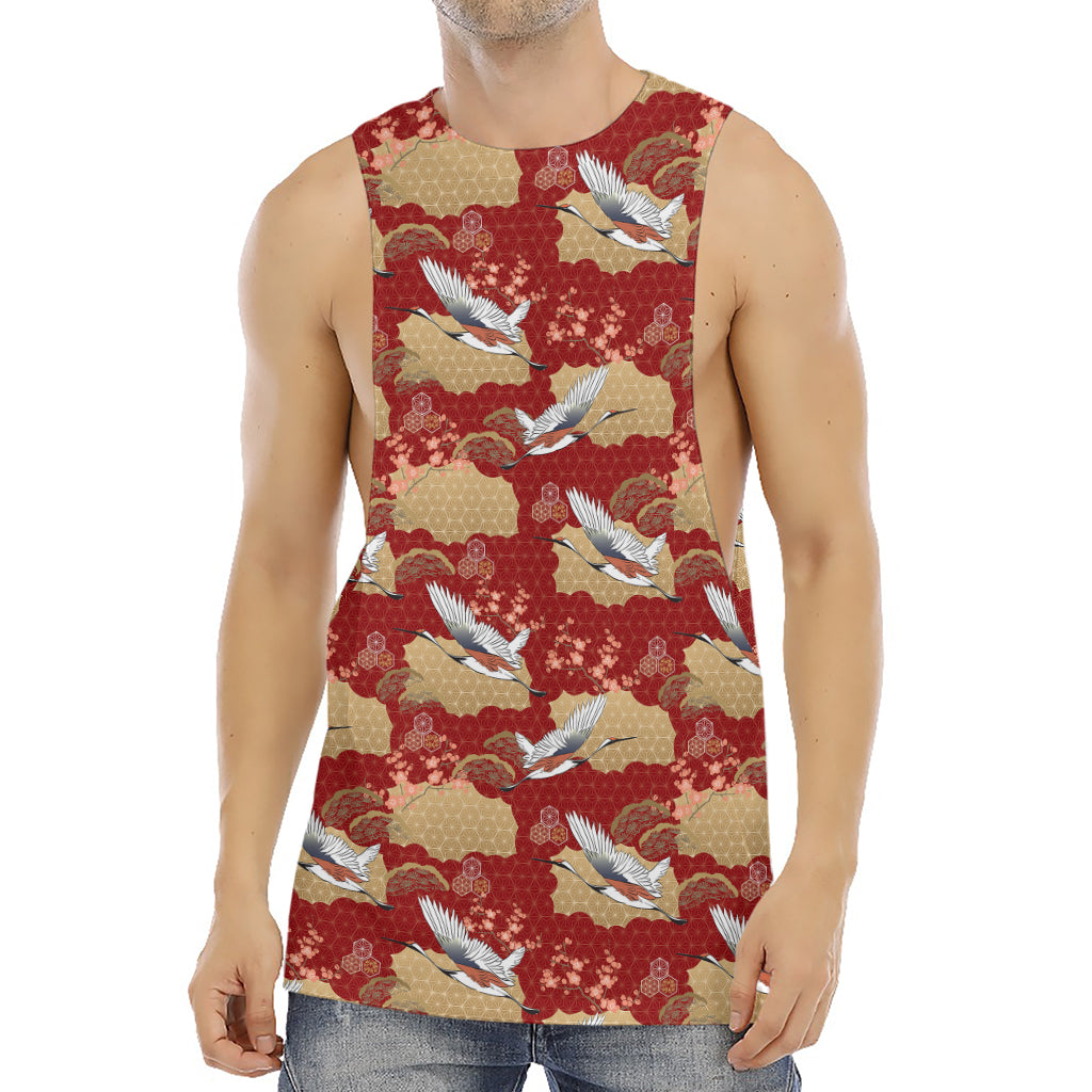 Crane Bird Kimono Pattern Print Men's Muscle Tank Top