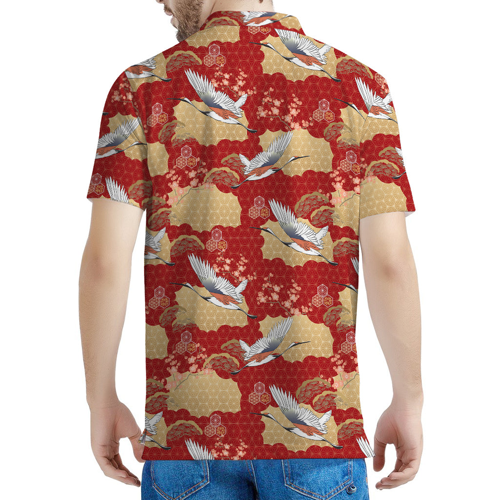 Crane Bird Kimono Pattern Print Men's Polo Shirt