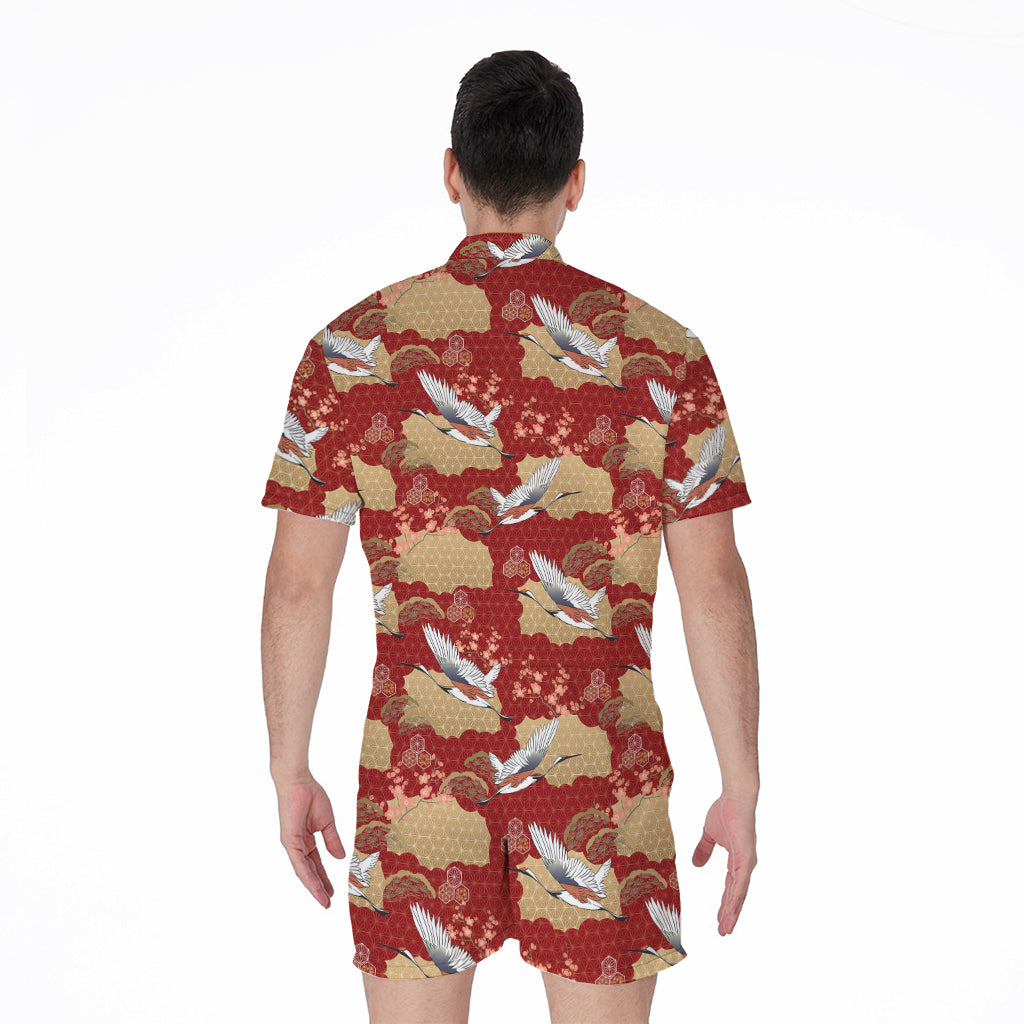 Crane Bird Kimono Pattern Print Men's Rompers