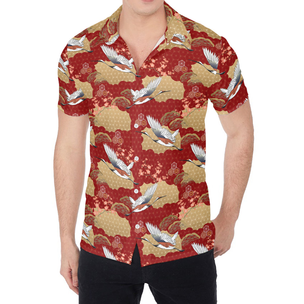 Crane Bird Kimono Pattern Print Men's Shirt