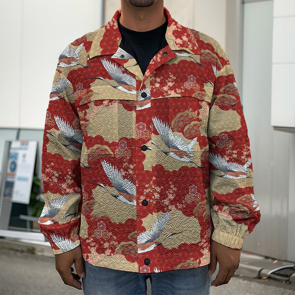 Crane Bird Kimono Pattern Print Men's Shirt Jacket