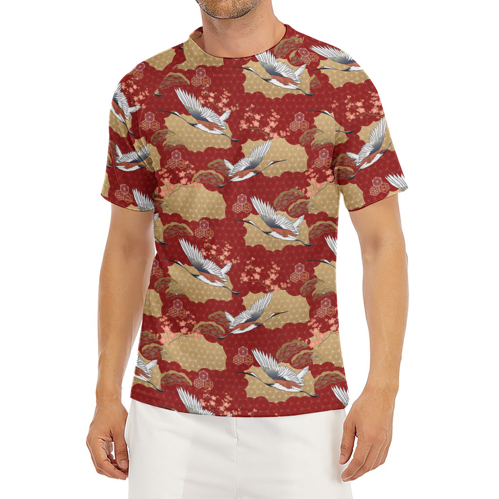 Crane Bird Kimono Pattern Print Men's Short Sleeve Rash Guard