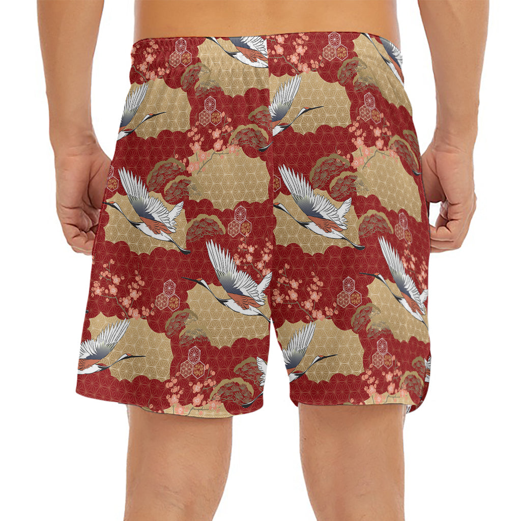 Crane Bird Kimono Pattern Print Men's Split Running Shorts