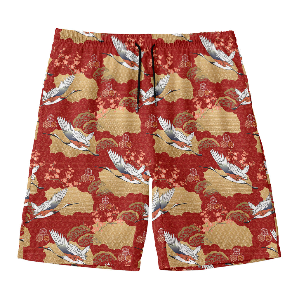 Crane Bird Kimono Pattern Print Men's Swim Trunks