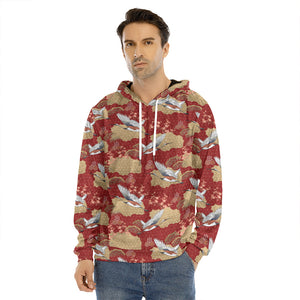 Crane Bird Kimono Pattern Print Men's Velvet Pullover Hoodie