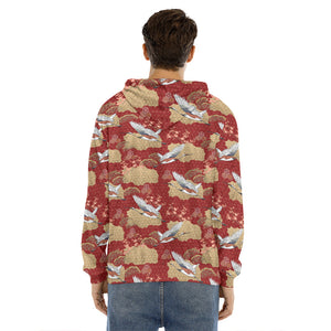 Crane Bird Kimono Pattern Print Men's Velvet Pullover Hoodie