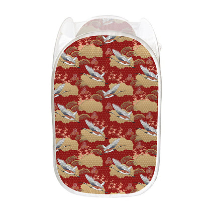 Crane Bird Kimono Pattern Print Mesh Laundry Hamper