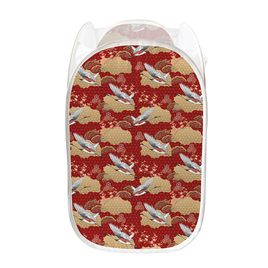 Crane Bird Kimono Pattern Print Mesh Laundry Hamper