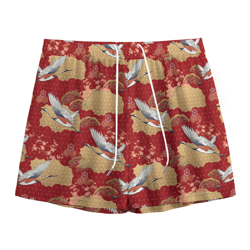 Crane Bird Kimono Pattern Print Mesh Shorts