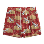 Crane Bird Kimono Pattern Print Mesh Shorts