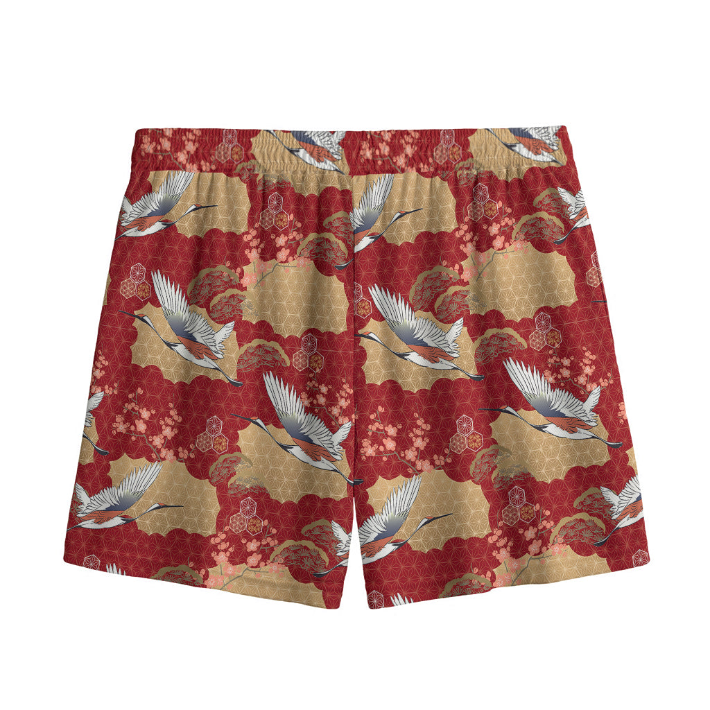 Crane Bird Kimono Pattern Print Mesh Shorts