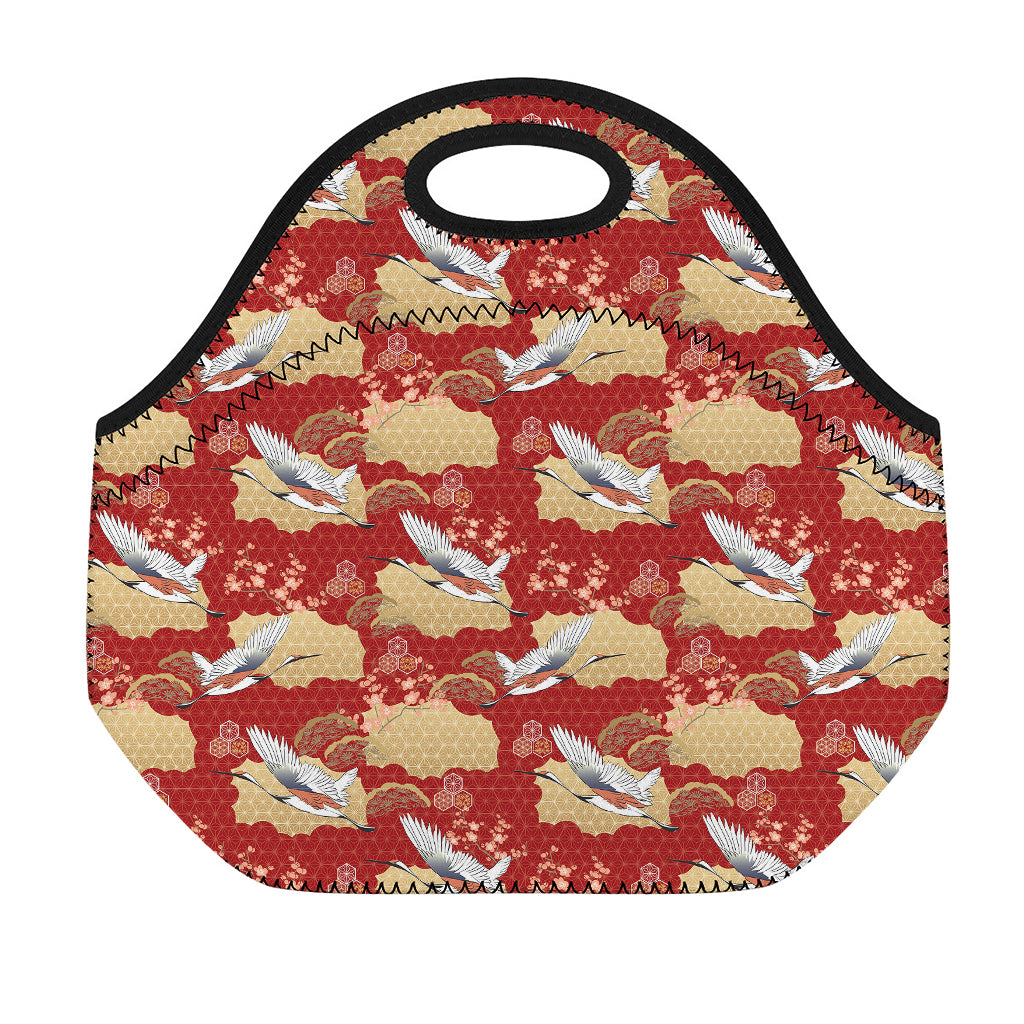 Crane Bird Kimono Pattern Print Neoprene Lunch Bag