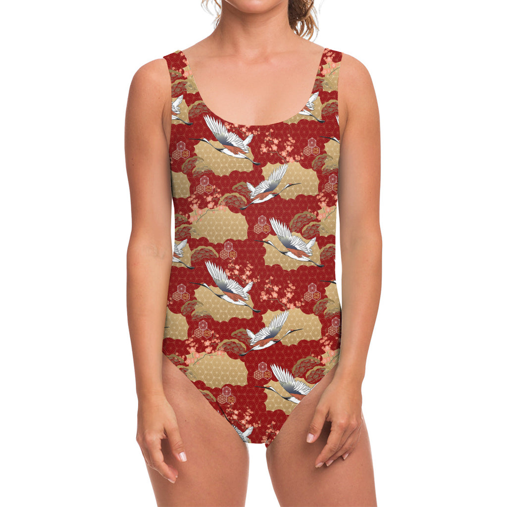 Crane Bird Kimono Pattern Print One Piece Swimsuit