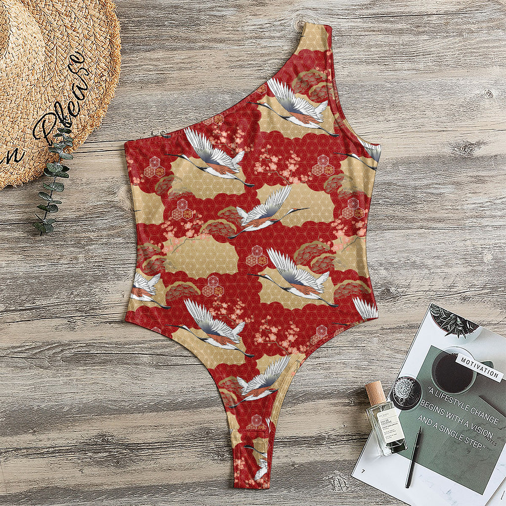 Crane Bird Kimono Pattern Print One Shoulder Bodysuit