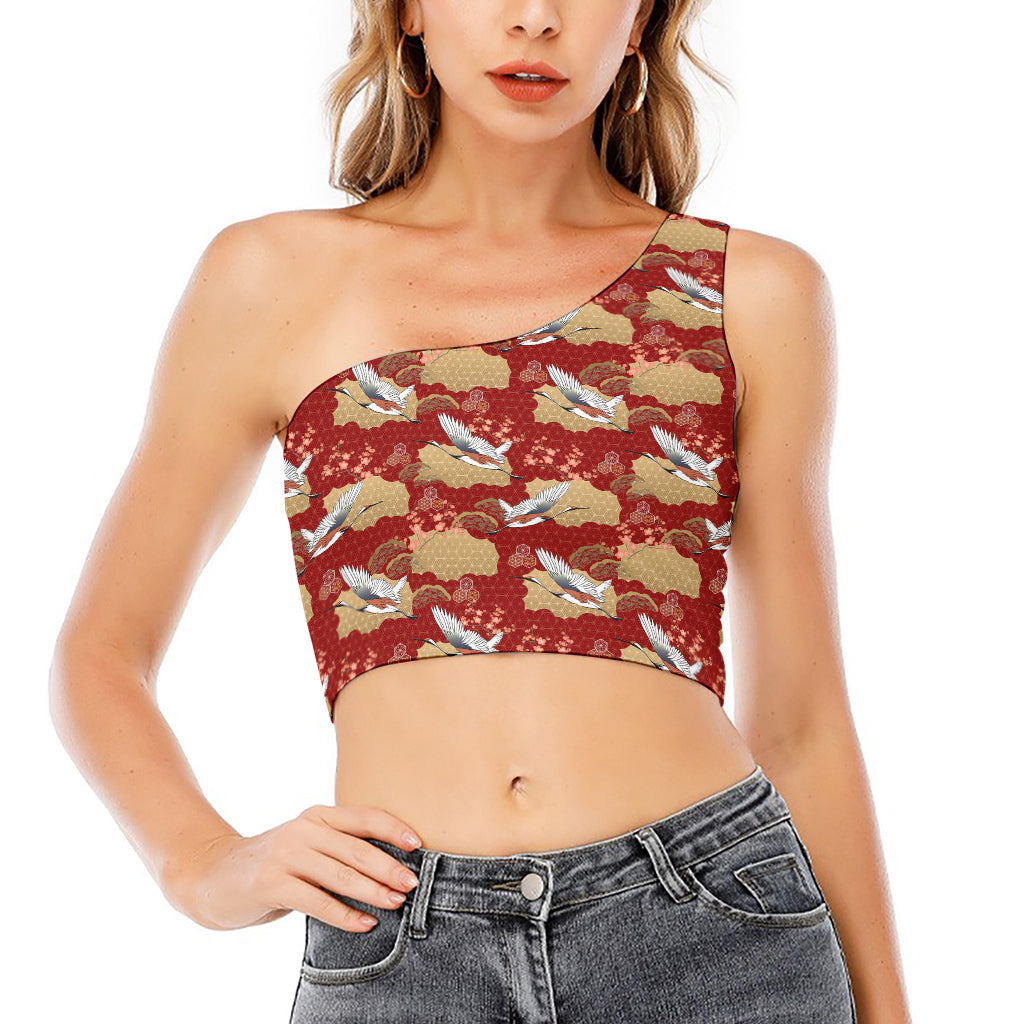 Crane Bird Kimono Pattern Print One Shoulder Crop Top