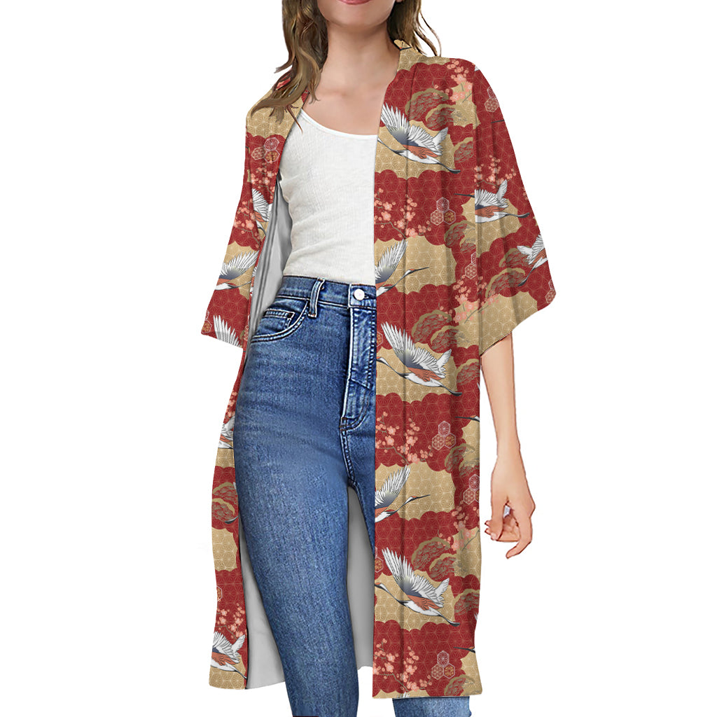 Crane Bird Kimono Pattern Print Open Front Beach Cover Up