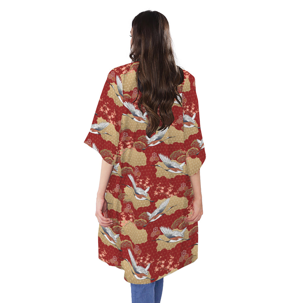 Crane Bird Kimono Pattern Print Open Front Beach Cover Up