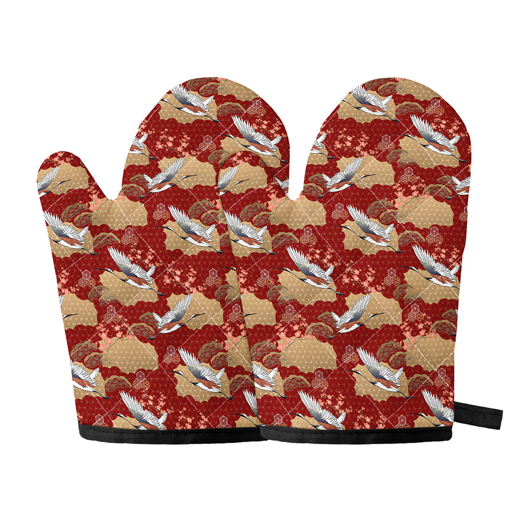 Crane Bird Kimono Pattern Print Oven Mitts