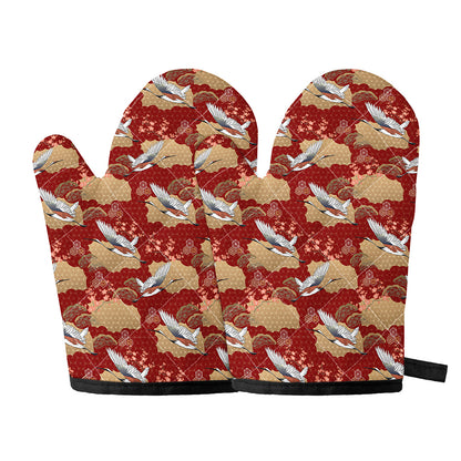 Crane Bird Kimono Pattern Print Oven Mitts