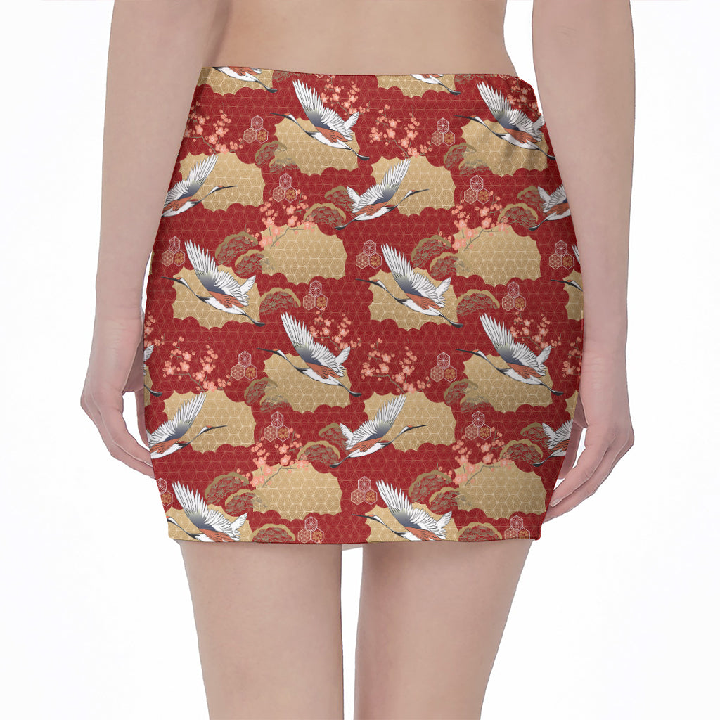 Crane Bird Kimono Pattern Print Pencil Mini Skirt