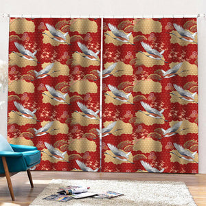 Crane Bird Kimono Pattern Print Pencil Pleat Curtains