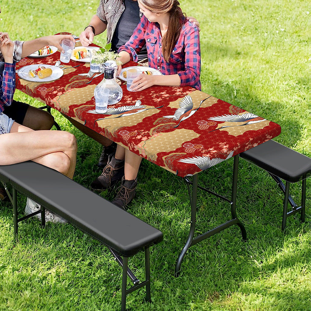 Crane Bird Kimono Pattern Print Picnic Table Cover