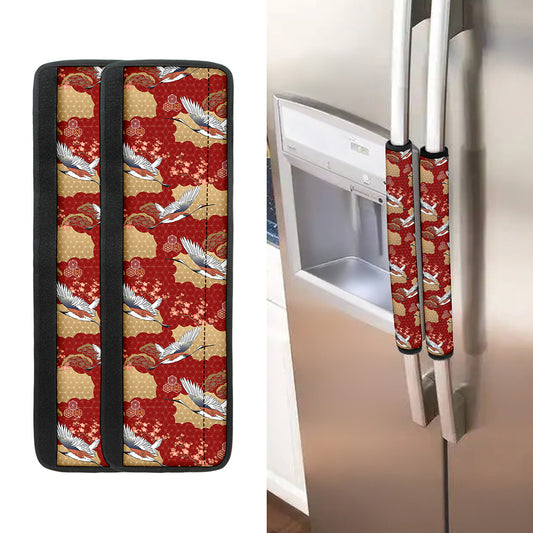 Crane Bird Kimono Pattern Print Refrigerator Handle Covers