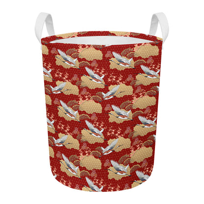 Crane Bird Kimono Pattern Print Round Laundry Basket