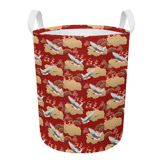 Crane Bird Kimono Pattern Print Round Laundry Basket