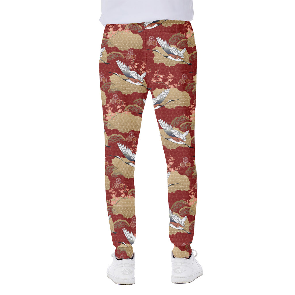 Crane Bird Kimono Pattern Print Scuba Joggers