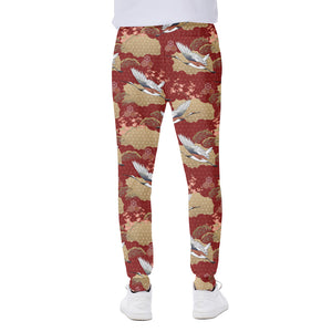 Crane Bird Kimono Pattern Print Scuba Joggers