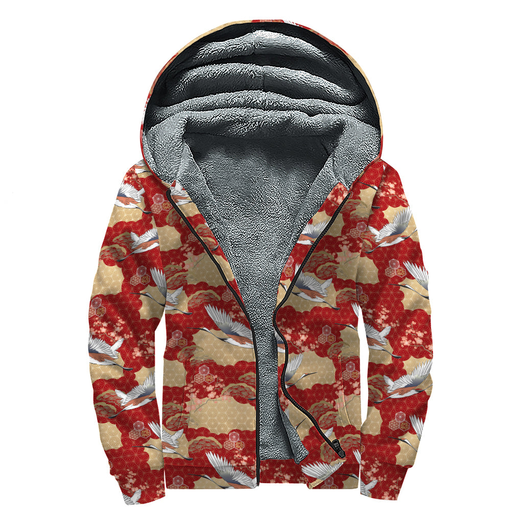 Crane Bird Kimono Pattern Print Sherpa Lined Zip Up Hoodie