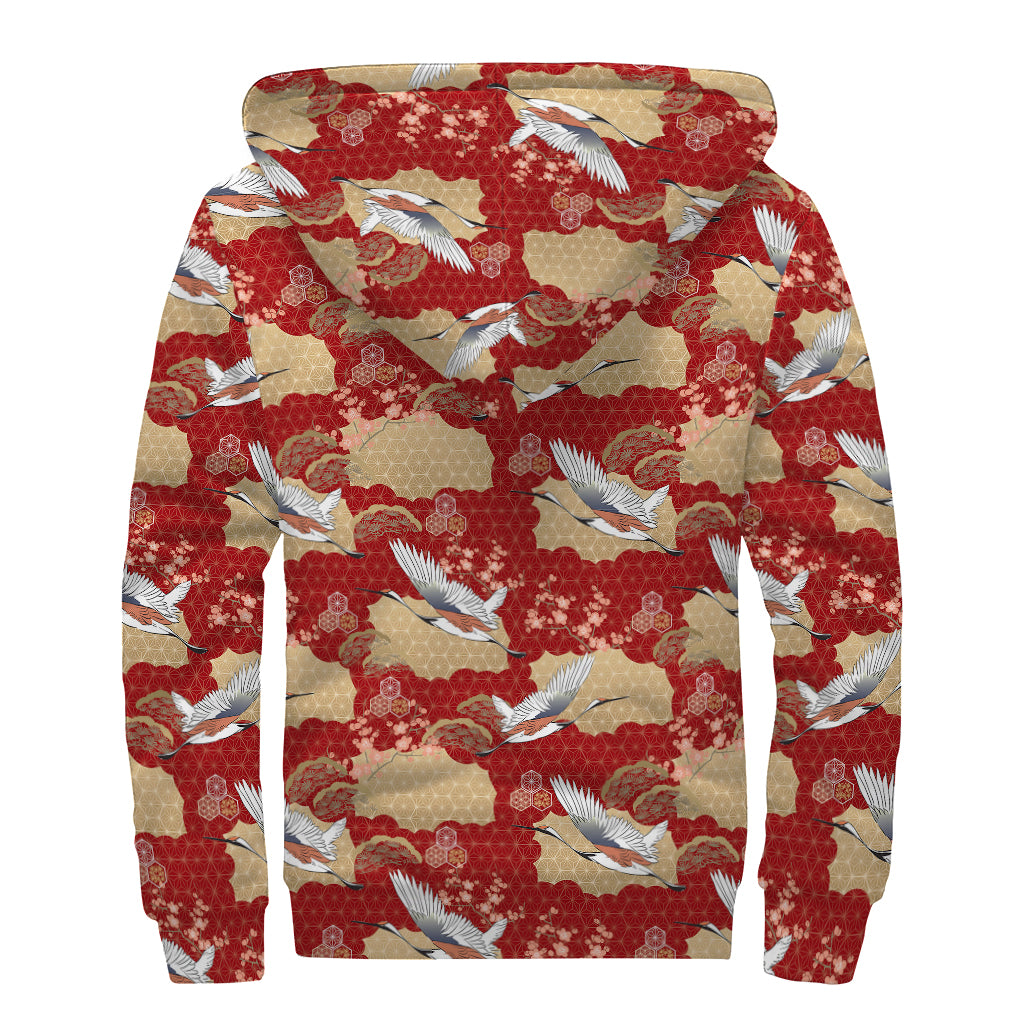 Crane Bird Kimono Pattern Print Sherpa Lined Zip Up Hoodie